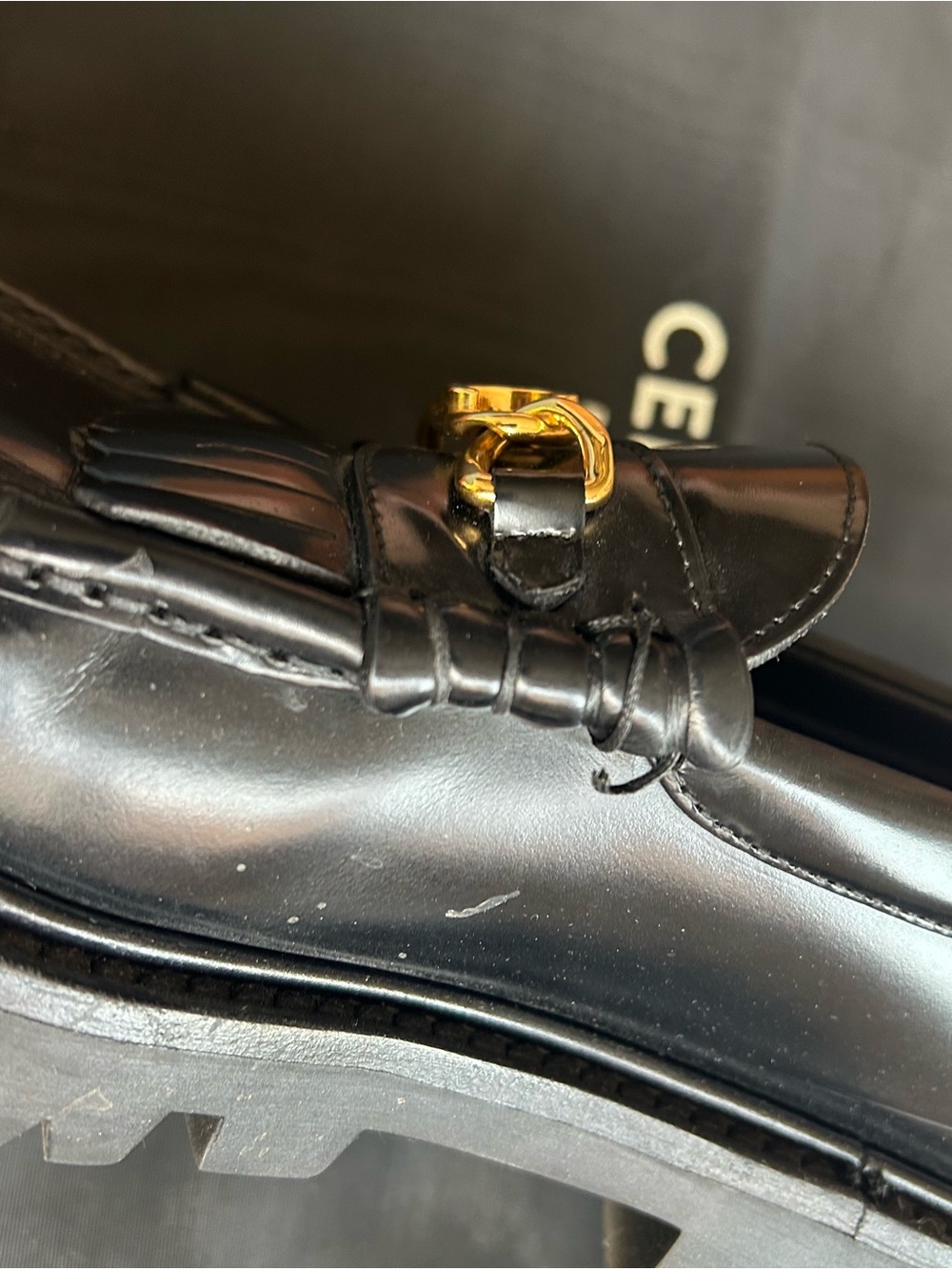 Celine Black Leather Fringe Loafers with Gold Chain Accent - Picture 8 of 9